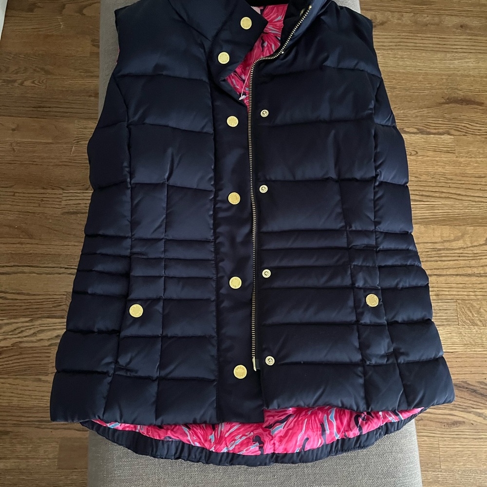 Lilly Pulitzer Navy Puffer Vest with Pink Lining